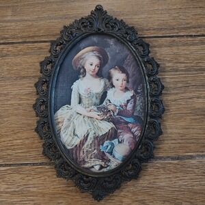 VTG Action Italian Ornate Brass Frame Wall Hang Boy Girl Flowers 8x5 Inch